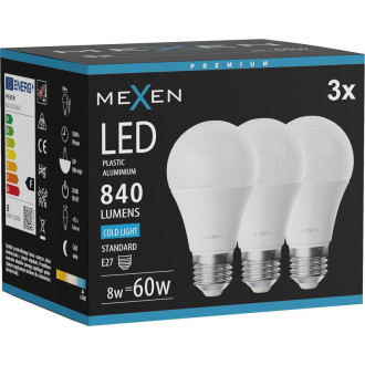 Mexen Nova 3x LED žárovka E27, A60, 8W, studená - 6500K, 840 lm - L100-E27-0865-01x03