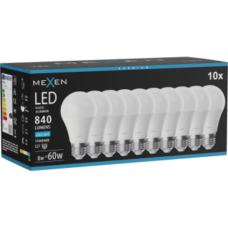 Mexen Nova 10x LED žárovka E27, A60, 8W, studená - 6500K, 840 lm - L100-E27-0865-01x10