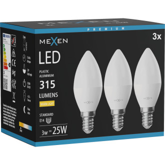 Mexen Nova 3x LED žárovka E14, C37, 3W, teplá - 3000K, 315 lm - L102-E14-0330-01x03