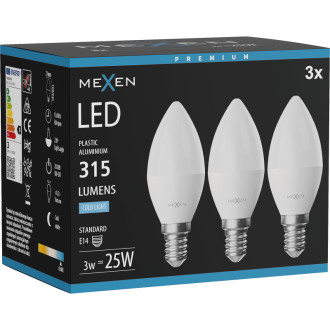 Mexen Nova 3x LED žárovka E14, C37, 3W, studená - 6500K, 315 lm - L102-E14-0365-01x03