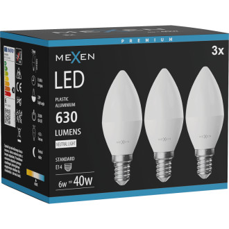 Mexen Nova 3x LED žárovka E14, C37, 6W, neutrální - 4000K, 630 lm - L102-E14-0640-01x03