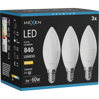 Mexen Nova 3x LED žárovka E14, C37, 8W, teplá - 3000K, 840 lm - L102-E14-0830-01x03
