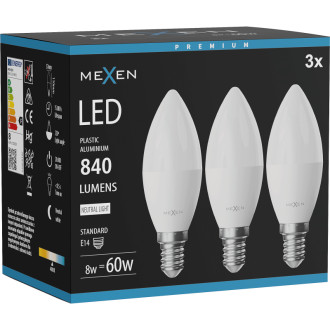 Mexen Nova 3x LED žárovka E14, C37, 8W, neutrální - 4000K, 840 lm - L102-E14-0840-01x03