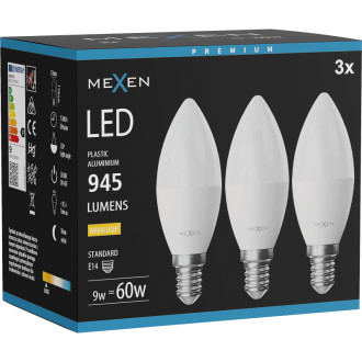 Mexen Nova 3x LED žárovka E14, C37, 9W, teplá - 3000K, 945 lm - L102-E14-0930-01x03