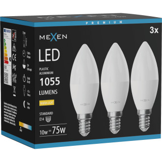 Mexen Nova 3x LED žárovka E14, C37, 10W, teplá - 3000K, 1055 lm - L102-E14-1030-01x03