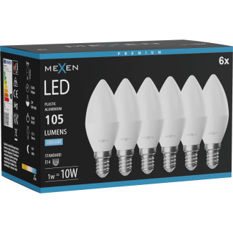 Mexen Nova 6x LED žárovka E14, C37, 1W, studená - 6500K, 105 lm - L102-E14-0165-01x06