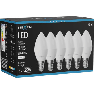 Mexen Nova 6x LED žárovka E14, C37, 3W, neutrální - 4000K, 315 lm - L102-E14-0340-01x06