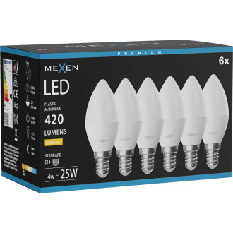 Mexen Nova 6x LED žárovka E14, C37, 4W, teplá - 3000K, 420 lm - L102-E14-0430-01x06