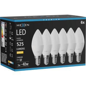 Mexen Nova 6x LED žárovka E14, C37, 5W, teplá - 3000K, 525 lm - L102-E14-0530-01x06