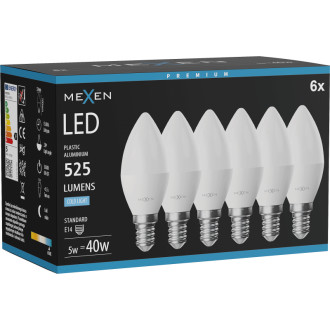 Mexen Nova 6x LED žárovka E14, C37, 5W, studená - 6500K, 525 lm - L102-E14-0565-01x06