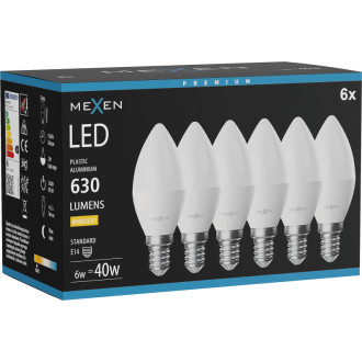 Mexen Nova 6x LED žárovka E14, C37, 6W, teplá - 3000K, 630 lm - L102-E14-0630-01x06