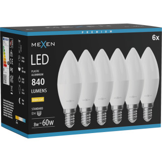 Mexen Nova 6x LED žárovka E14, C37, 8W, teplá - 3000K, 840 lm - L102-E14-0830-01x06