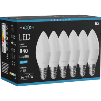 Mexen Nova 6x LED žárovka E14, C37, 8W, studená - 6500K, 840 lm - L102-E14-0865-01x06