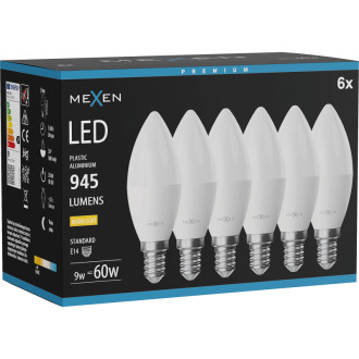 Mexen Nova 6x LED žárovka E14, C37, 9W, teplá - 3000K, 945 lm - L102-E14-0930-01x06