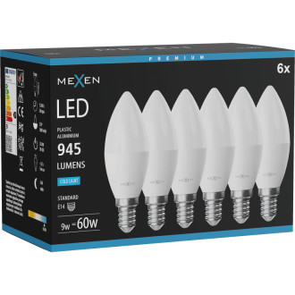 Mexen Nova 6x LED žárovka E14, C37, 9W, studená - 6500K, 945 lm - L102-E14-0965-01x06