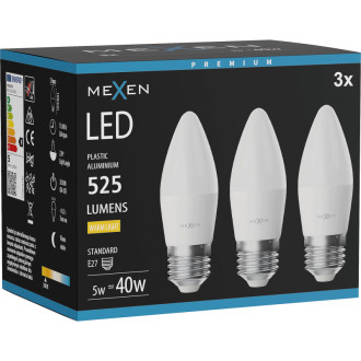 Mexen Nova 3x LED žárovka E27, C37, 5W, teplá - 3000K, 525 lm - L102-E27-0530-01x03