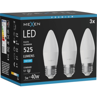 Mexen Nova 3x LED žárovka E27, C37, 5W, studená - 6500K, 525 lm - L102-E27-0565-01x03