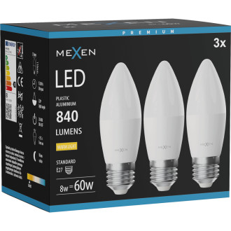 Mexen Nova 3x LED žárovka E27, C37, 8W, teplá - 3000K, 840 lm - L102-E27-0830-01x03