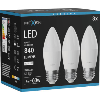 Mexen Nova 3x LED žárovka E27, C37, 8W, neutrální - 4000K, 840 lm - L102-E27-0840-01x03