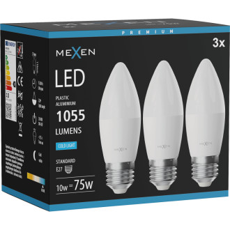 Mexen Nova 3x LED žárovka E27, C37, 10W, studená - 6500K, 1055 lm - L102-E27-1065-01x03