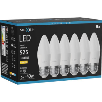 Mexen Nova 6x LED žárovka E27, C37, 5W, teplá - 3000K, 525 lm - L102-E27-0530-01x06