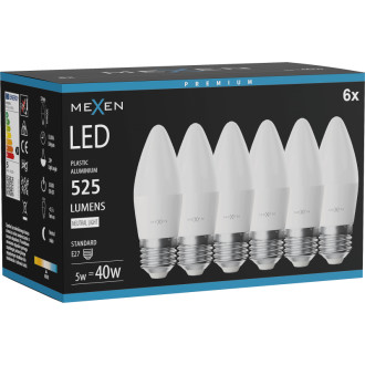 Mexen Nova 6x LED žárovka E27, C37, 5W, neutrální - 4000K, 525 lm - L102-E27-0540-01x06