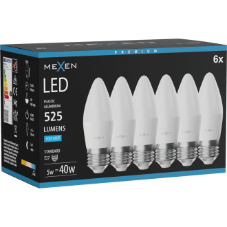 Mexen Nova 6x LED žárovka E27, C37, 5W, studená - 6500K, 525 lm - L102-E27-0565-01x06