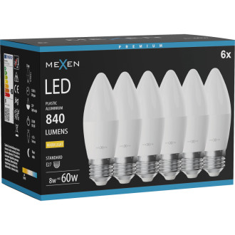Mexen Nova 6x LED žárovka E27, C37, 8W, teplá - 3000K, 840 lm - L102-E27-0830-01x06
