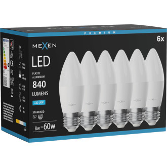 Mexen Nova 6x LED žárovka E27, C37, 8W, studená - 6500K, 840 lm - L102-E27-0865-01x06