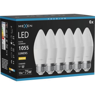 Mexen Nova 6x LED žárovka E27, C37, 10W, teplá - 3000K, 1055 lm - L102-E27-1030-01x06