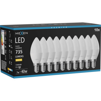 Mexen Nova 10x LED žárovka E14, C37, 7W, teplá - 3000K, 735 lm - L102-E14-0730-01x10