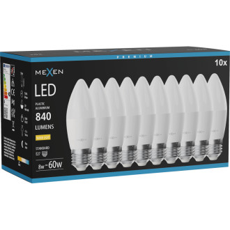 Mexen Nova 10x LED žárovka E27, C37, 8W, teplá - 3000K, 840 lm - L102-E27-0830-01x10