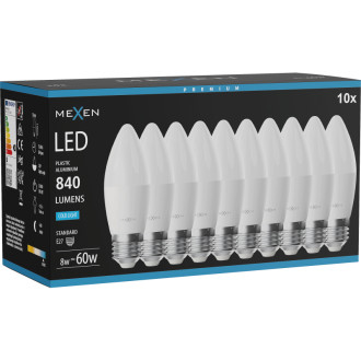 Mexen Nova 10x LED žárovka E27, C37, 8W, studená - 6500K, 840 lm - L102-E27-0865-01x10