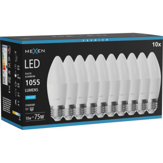 Mexen Nova 10x LED žárovka E27, C37, 10W, studená - 6500K, 1055 lm - L102-E27-1065-01x10
