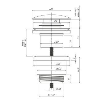 Umyvadlová výpust 5/4“, click-clack, velká zátka, 5-46mm, ABS/chrom