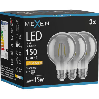 Mexen Vintis 3x LED žárovka s vláknem E27, G80, 2W, teplá - 2200K, 150 lm, kouřová - L155-E27-0222-70x03