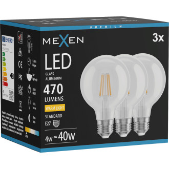 Mexen Vintis 3x LED žárovka s vláknem E27, G80, 4W, teplá - 2700K, 470 lm, čirá - L155-E27-0427-00x03