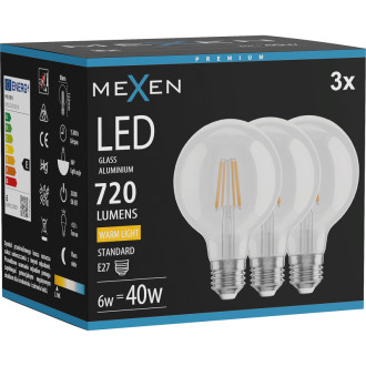 Mexen Vintis 3x LED žárovka s vláknem E27, G80, 6W, teplá - 2700K, 720 lm, čirá - L155-E27-0627-00x03