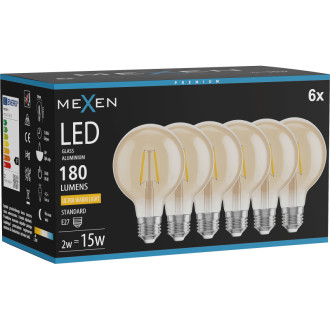Mexen Vintis 6x LED žárovka s vláknem E27, G80, 2W, teplá - 2200K, 180 lm, jantarová - L155-E27-0222-50x06