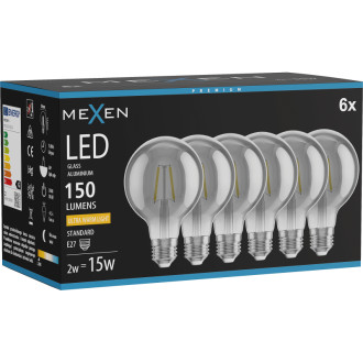 Mexen Vintis 6x LED žárovka s vláknem E27, G80, 2W, teplá - 2200K, 150 lm, kouřová - L155-E27-0222-70x06