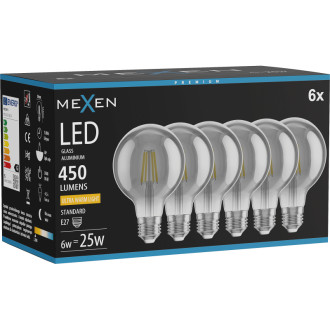 Mexen Vintis 6x LED žárovka s vláknem E27, G80, 6W, teplá - 2200K, 450 lm, kouřová - L155-E27-0622-70x06