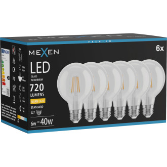 Mexen Vintis 6x LED žárovka s vláknem E27, G80, 6W, teplá - 2700K, 720 lm, čirá - L155-E27-0627-00x06