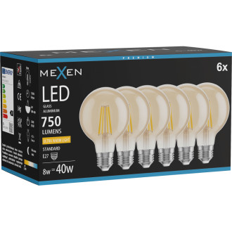 Mexen Vintis 6x LED žárovka s vláknem E27, G80, 8W, teplá - 2200K, 750 lm, jantarová - L155-E27-0822-50x06