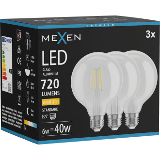 Mexen Vintis 3x LED žárovka s vláknem E27, G95, 6W, teplá - 2700K, 720 lm, čirá - L157-E27-0627-00x03
