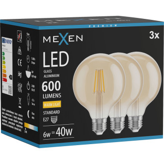 Mexen Vintis 3x LED žárovka s vláknem E27, G95, 6W, teplá - 2700K, 600 lm, jantarová - L157-E27-0627-50x03