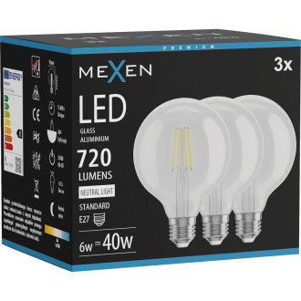 Mexen Vintis 3x LED žárovka s vláknem E27, G95, 6W, neutrální - 4000K, 720 lm, čirá - L157-E27-0640-00x03