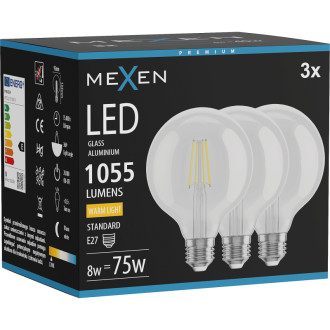 Mexen Vintis 3x LED žárovka s vláknem E27, G95, 8W, teplá - 2700K, 1055 lm, čirá - L157-E27-0827-00x03