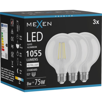 Mexen Vintis 3x LED žárovka s vláknem E27, G95, 8W, neutrální - 4000K, 1055 lm, čirá - L157-E27-0840-00x03