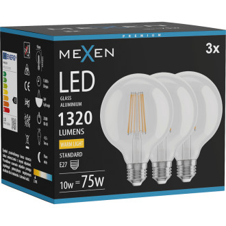 Mexen Vintis 3x LED žárovka s vláknem E27, G95, 10W, teplá - 2700K, 1320 lm, čirá - L157-E27-1027-00x03