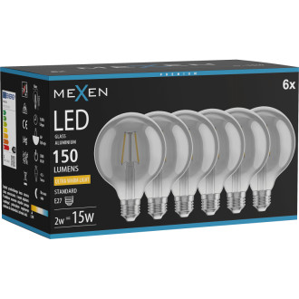 Mexen Vintis 6x LED žárovka s vláknem E27, G95, 2W, teplá - 2200K, 150 lm, kouřová - L157-E27-0222-70x06